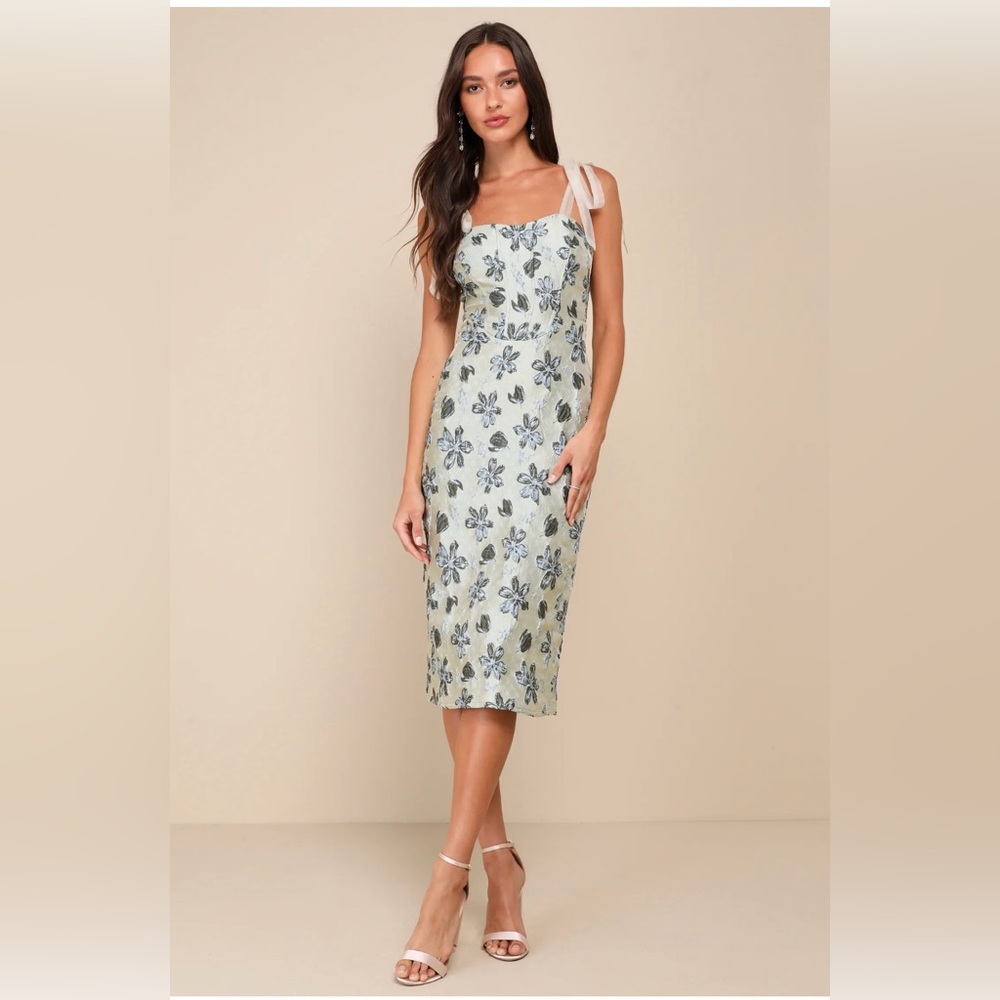 Sage Green Floral Jacquard Tie-Strap Midi Dress